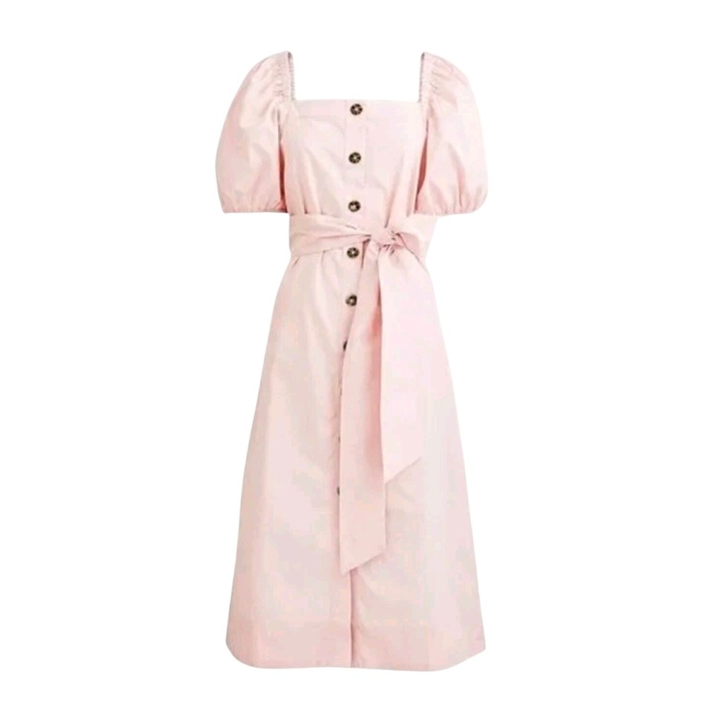 J.Crew Pink Puff Sleeve Button Front Cotton Midi Dress Size M Square Neck Belted
